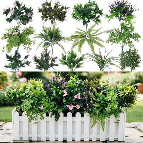 Lot de 13 Grandes Plantes Artificielles Extérieur Fleurs Artificielles Résistantes aux UV, Feuilles Artificielles avec Tiges pour Extérieur, Porche, Terrasse, Jardin, Cour (1/5)