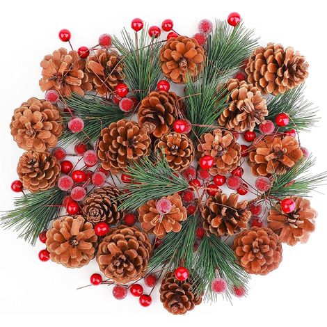 130 Pièces Noël Artificielle Pomme Pin Baie, 20 Pommes de Pin Naturelles, 100 Baies Rouges, 10 Branches de Pins, Guirlande de Noëls Faisant Ornement d'arbre de Noël Fête d'hiver Maison (1/5)
