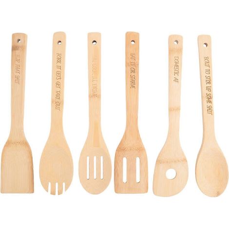 Ensemble de 6 cuillères en bois humoristiques, cuillères de cuisine en bois gravées avec des inscriptions amusantes. (1/5)