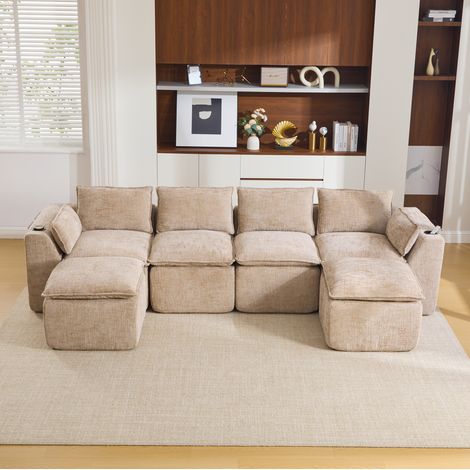 Modulares 4-Sitzer-Sofa 322x161x75 cm khaki Chenille mit Hockern, Kissen, Getränkehalter und Seitentaschen (1/5)