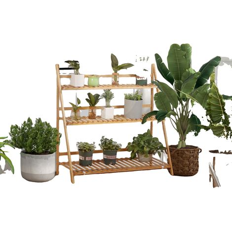 Estantería para plantas, material de bambú, dimensiones 100 cm x 39 cm x 97 cm, 3 niveles, diseño de listones, plegable. (1/5)