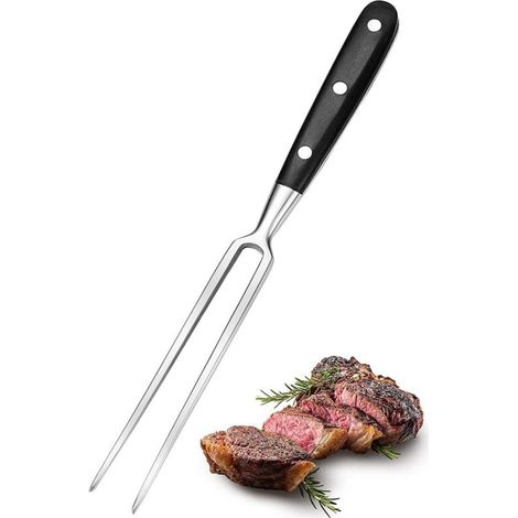 Fourchette à viande, grande, en acier inoxydable, avec manche en bois, longueur de lame : 15 cm, à barbecue pour viande rôtie, cuisson (noire) (1/4)
