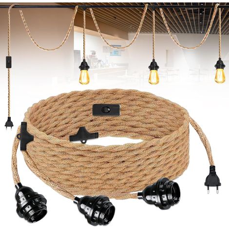 Portalampada E27 da 6,8 m, corda per lampadario sospeso, interruttore con portalampada E27, 3 prese, cavo per lampadario in corda di canapa vintage per casa, camera da letto, bar