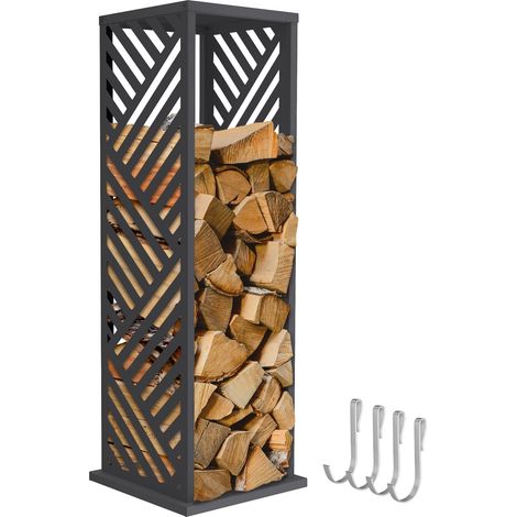 ML-Design Range-bûches vertical en acier galvanisé 37,5 x 37,5 x 112 cm, intérieur et extérieur, motif de rayures, support colonne rangement bois de chauffage cheminée, 4 crochets, anthracite mat (1/5)