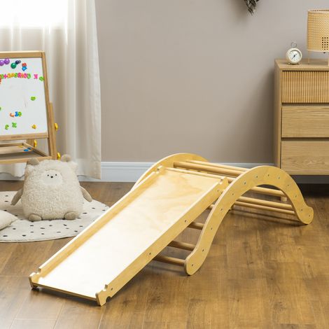 Kinder-Kletterset, 4-in-1-Design mit Bogenbrücke, Schaukelwippe, Kissen, Rutschrampe, für den Innenbereich, Holz