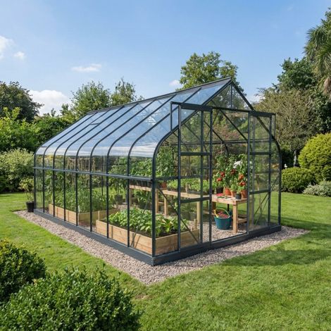Serre en verre 14,52m2 – Aluminium anthracite – Verre trempé 4mm – Double porte coulissante – 4 lucarnes de ventilation – Green Protect (1/5)