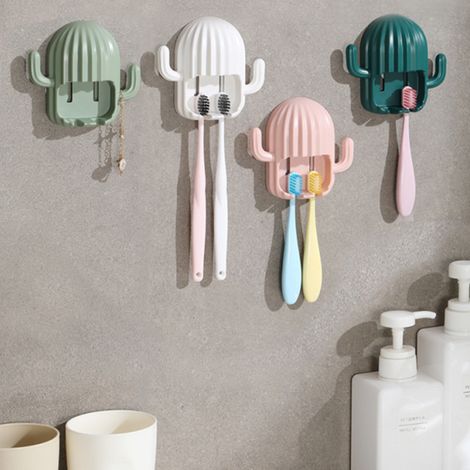 Set mit 4 wandmontierten Kaktus-Zahnbürstenhaltern, kein Bohren erforderlich, für das Badezimmer (rosa + dunkelgrün + hellgrün + weiß) (1/5)