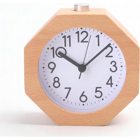 Reloj despertador pequeño de madera maciza con manecillas, silencioso, octogonal amarillo. (1/5)