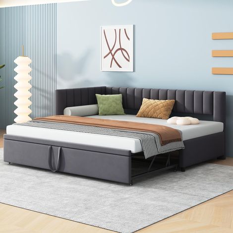 Canapé-lit multifonctionnel en forme de L avec lit gigogne 90/180x200cm, revêtement en velours, conception gain de place idéale pour un lit d'enfant ou un lit d'appoint, gris, garantie 2 ans
