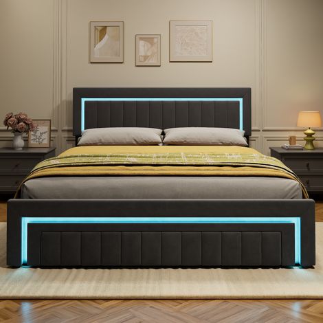 Letto imbottito 180x200 cm in velluto grigio scuro con cassetti, LED e rete a doghe DESVIAE (1/5)