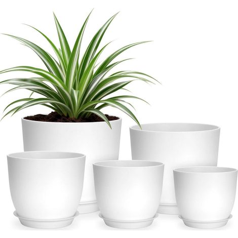 5er Blumentopf Set mit Untersetzer, Kunststoff, Weiß, verschiedene Größen (1/5)
