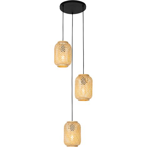QAZQA Lampada a sospensione yvonne - Orientale - Bamboo,Acciaio - Legno/Nero - Tondo Max. 3 x Watt
