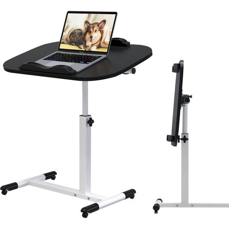 Table d'Ordinateur Portable Réglable en Hauteur - Plateau Bois Naturel & Structure Métallique Robuste avec Roulettes Blocables, Bureau Ambulant Multifonction pour Canapé/Bureau à Domicile - Gain de Pl (1/5)