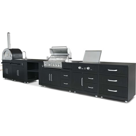 Oviala – Cuisine d'extérieur 6 meubles en acier avec barbecue gaz 4 brûleurs – Four à pizza avec pierre de Cordiérite – Évier inox inclus (1/5)
