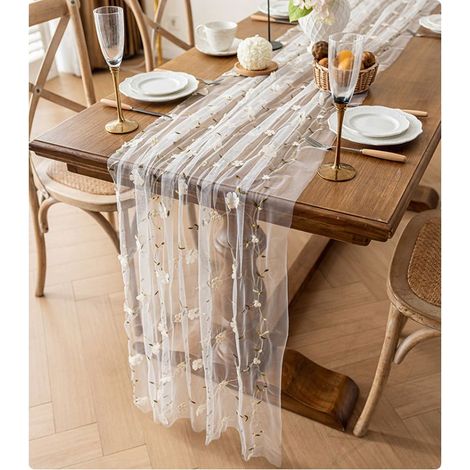 Tischläufer aus floralem Tüll (3 Meter) – Tischdekoration mit weißen Gänseblümchenstickerei, geeignet für die Dekoration von Zuhause und Partys. (1/5)