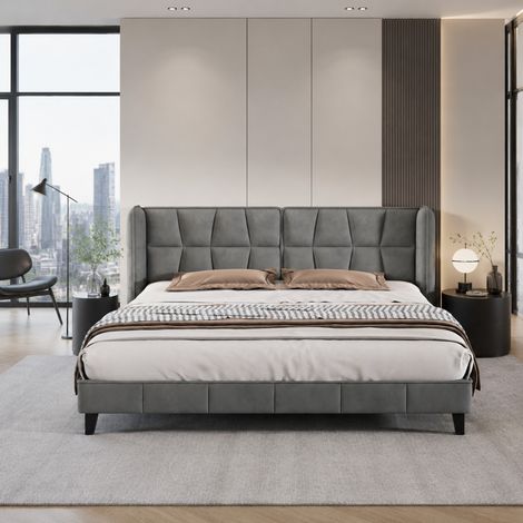 CHICFURN Cama de 180x200 cm de terciopelo gris con cabecero y somier (1/5)