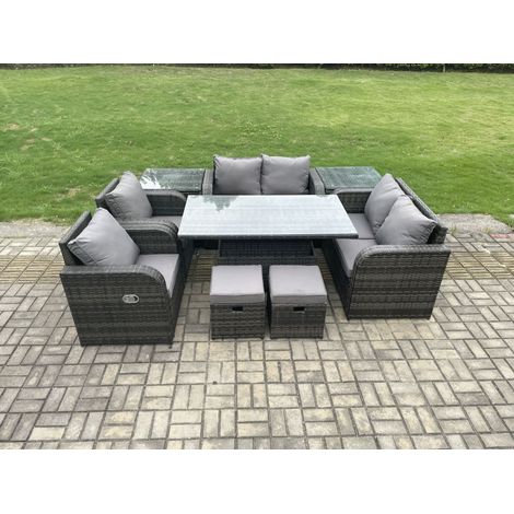 Fimous PE Rotin Meubles De Jardin Ensemble Extérieur Hauteur Réglable Table À Manger Levante Chaises Inclinables Canapé Amour 2 Tables D’appoint 3 Tabourets De Pied (1/5)