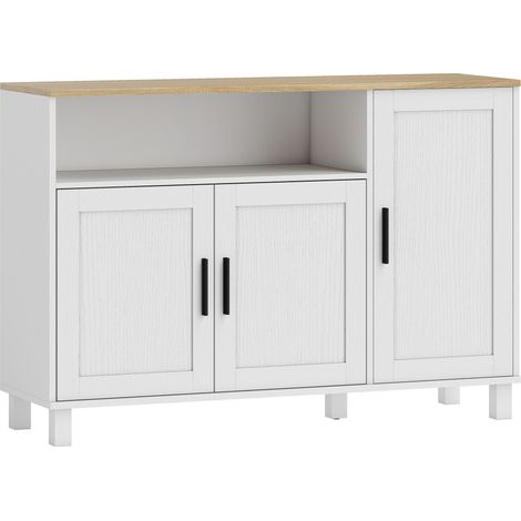 Buffet 3 portes avec niche et étagères FIGUEIRA blanc et effet bois clair