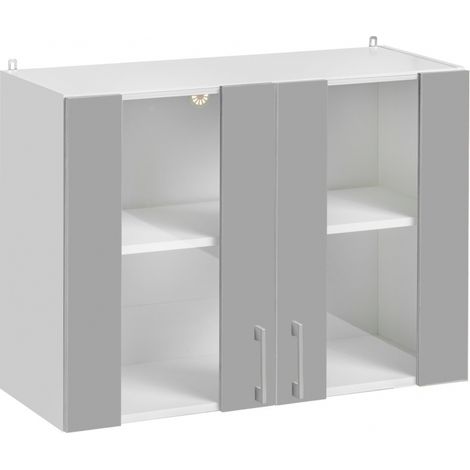 Cuisineandcie – Meuble haut de cuisine gris brillant 2 portes vitrées L 80 cm – Charnières réglables – Amortisseurs pour fermeture automatique – Étagère intégrée (1/5)