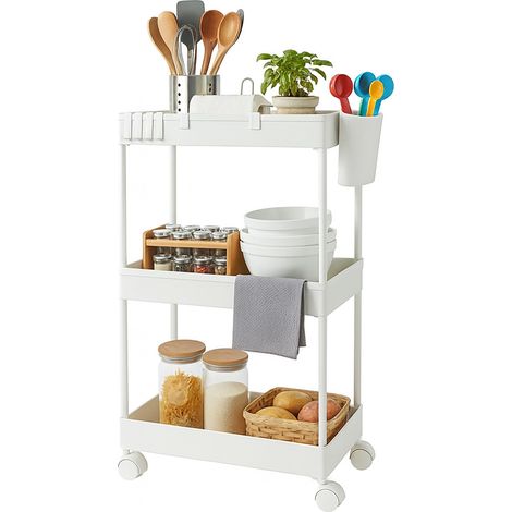 Relaxdays Rollwagen, 3 Etagen, Servierwagen, Küchenwagen Bad & Büro, Rollregal, HBT: 62,5x40x22 cm, Bastelwagen, weiß