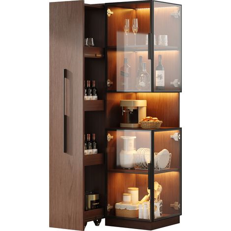 Vitrine mit Ausziehbaren Seitenregalen und LED, 3 Glasflächen, aus MDF und Glas, Walnussbraun, 70 x 38 x 160 cm (1/5)