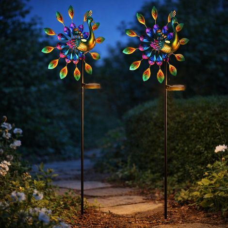 Solarstecker Garten Steckleuchte Solarlampe für Außen Gartendeko Pfau Design, Metall Kunststoff, LED 3000K, LxBxH 38x25x120 cm, 2er Set