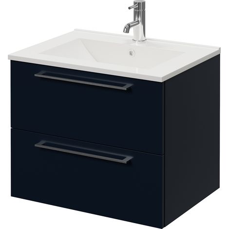 Napoli 460 Deep Blue 600mm Wall Mounted 2 Drawer Vanity Unit with Angel Basin - 600mm - Chrome 320mm Handle