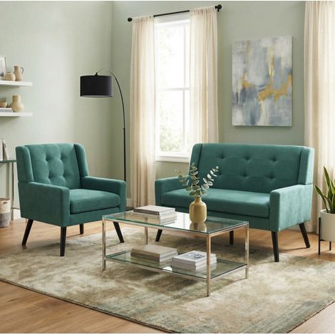 Juego de sillones 2 piezas verde retro tapizado con capitoné y patas de madera maciza (1/5)
