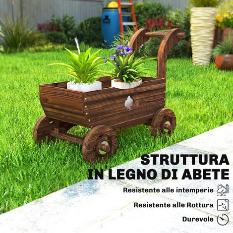 Jardinière chariot en bois, 4 roues pivotantes, poignée de transport et orifices de drainage, 68x38x52 cm. (1/5)