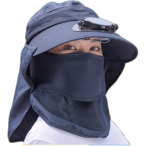 Sombrero de sol azul oscuro con ventilador solar recargable,protección para la cara y el cuello,batería de 600 mAh,adecuado para jardinería (1/5)