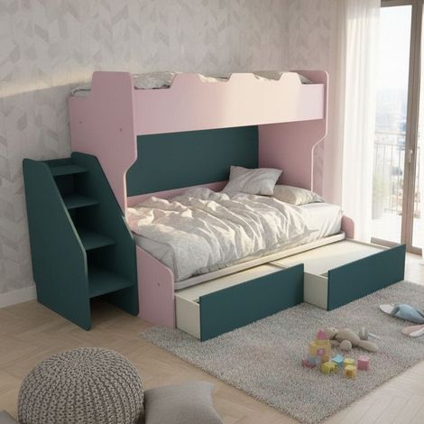 Letto a castello 3 posti con terzo letto estraibile e scaletta contenitore - Una piazza e mezza - Cipria e Verde petrolio (1/5)
