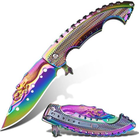 Klappmesser mit 3D Meerjungfrau Prägung, Titanbeschichtet, Regenbogenfarben