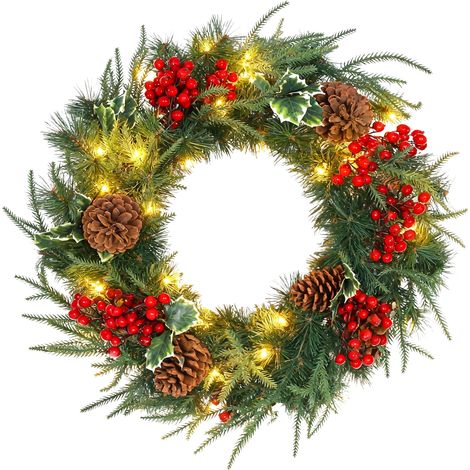60 cm beleuchteter Weihnachtskranz, 35 LEDs mit Timer, 170 Zweige, Tannenzapfen, Beeren, grüne Stechpalmenblätter (1/5)