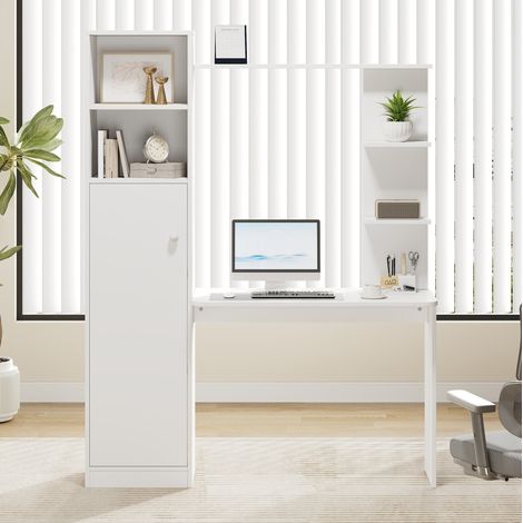 Bureau 123.5x45x168.5 cm blanc en MDF avec armoire et étagères de rangement (1/5)