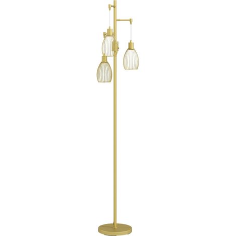 3-Light Floor Lamp, 170cm Industrial Dimmable Standing Lamp with Steel Wire Cage Lampshades for Living Room, Bedroom, Dining Room, Study, Gold Tone