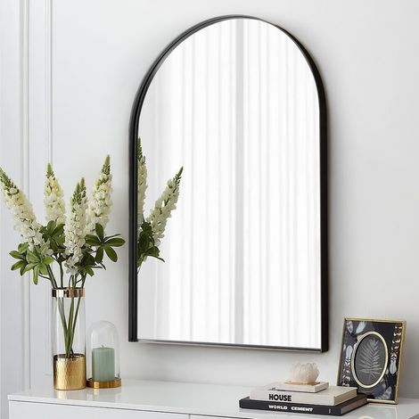 Black Arched Metal Frame Decorative Wall Mirror Bathroom Mirror 50cm W x 3.5cm D x 75cm H (1/5)