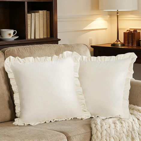 Set di 2 fodere quadrate per cuscini color avorio, 45 x 45 cm, con bordi arricciati, morbide, fodere di alta qualità per divano, soggiorno e camera da letto, fodere decorative per cuscini (1/5)