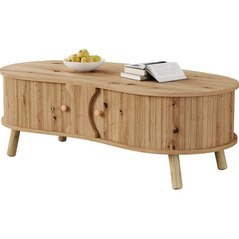 Table basse en forme de pois avec relief rainuré, 2 portes coulissantes, table de salon, aspect bois, pieds en bois massif, matériau MDF