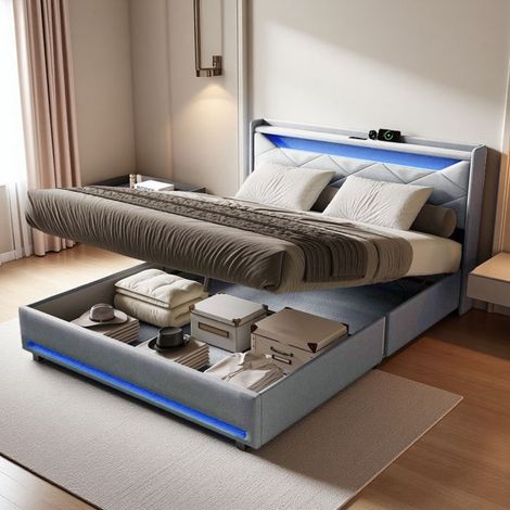Doppelbett 140x200 cm - Erwachsenenbett 140x200 cm mit LED und USB - Kopfteil mit Stauraum - Bett 140x200 cm aus Leinenstoff - grau