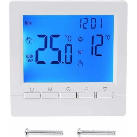 Termostato a parete intelligente per riscaldamento a pavimento – Schermo LCD retroilluminato blu – Alimentato da 2 batterie AA – Programmazione settimanale 5+2 giorni (1/4)