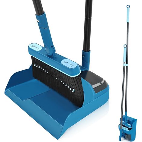 Plastic Dustpan and Brush Long Handle 138 cm for Hard Floor, Rotatable 180 Degree Broom Set for Outdoor, Garden, Hall, Indoor (Blue) (1/5)