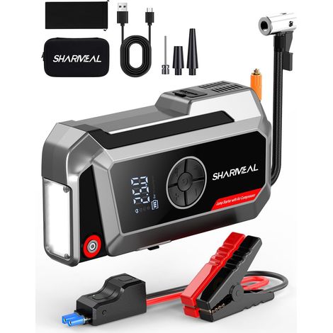 10000A Booster Batterie avec Compresseur,Démarreur Batterie Voiture, 250PSI Gonfleur de Pneus, 12V Jump Starter, Tout Gaz ou 10L Diesel, Écran LCD, Eclairage de Secours, Banque d'alimentation (1/5)