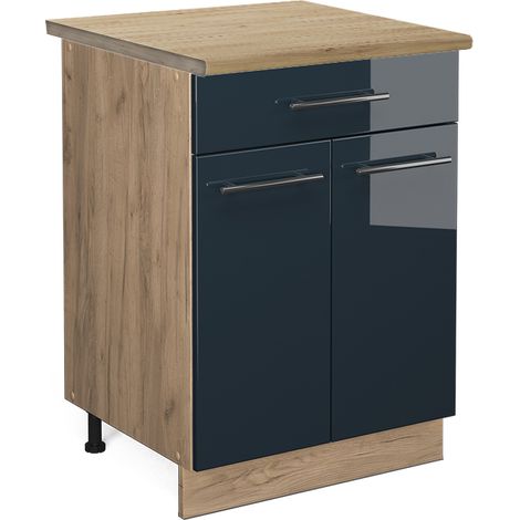 Armarios de cocina  Fame-Line, Azul oscuro alto brillo, 60 cm con cajón, ET Roble, Vicco