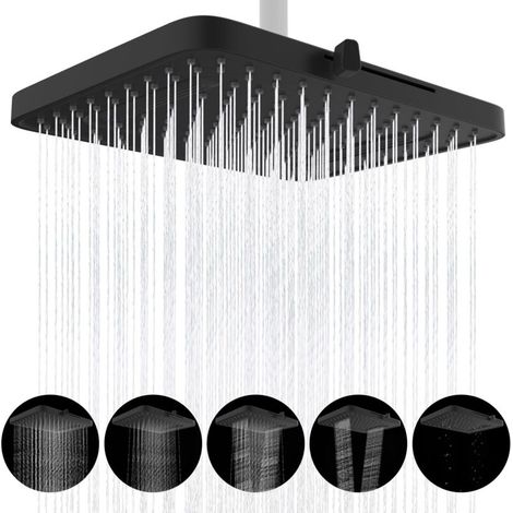Pomme de douche à effet pluie 5 modes de pulvérisation, pommeau de douche haute pression de 33 cm, pommeau de douche carré intégré, rotule pivotante réglable, expérience de douche luxuriante (1/5)