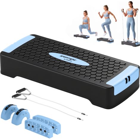 Marcheur fitness aérobic hauteur modulable 2 niveaux 11/16 cm 2 bandes résistance tapis antidérapant bleu (1/4)