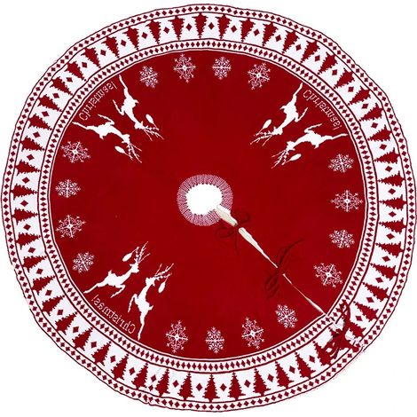 Tapis de sapin de Noël rouge tricoté avec neige et rennes (1/5)