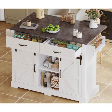 Modernluxe - Îlot central de cuisine à plateau extensible, porte-serviettes et roulettes, 2 tiroirs et 2 portes, MDF - blanc (1/5)