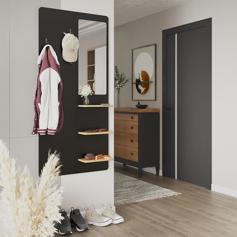 Perchero de pared Jochen, Negro/roble, 70 x 150 cm con espejo, Vicco