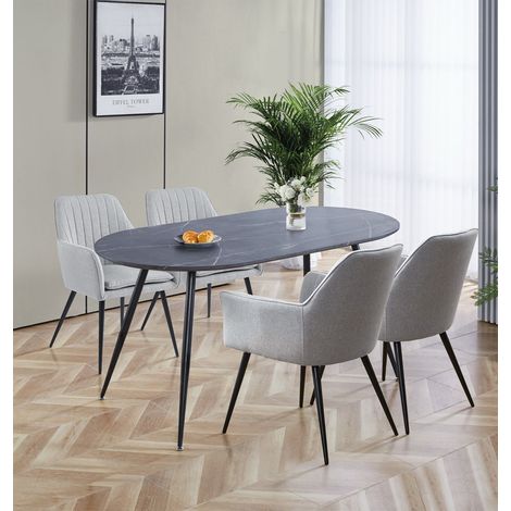 Hallowood Furniture Cullompton Large Oval Dining Table and Chairs Set 4, Grey Marble Effect Kitchen Table and Chairs in Grey Fabric with Arm Support, Modern Dining Room Sets for Home and Café (1/5)