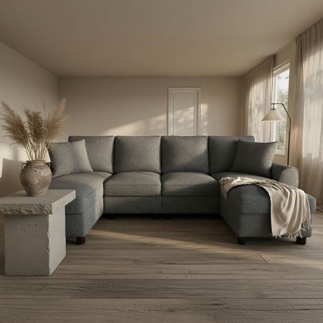 Canapé en U pour 4 personnes, avec deux banquettes, deux coussins, un espace de rangement rabattable,chenille,gris (1/5)